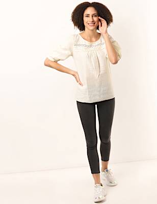 Flax Linen Mix Lace Round Neck Top