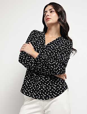 Floral V-Neck Blouson Top