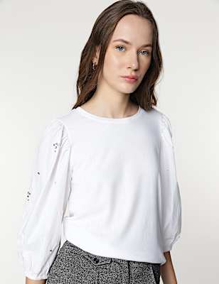Cotton Rich Embellished 3/4 Sleeves Top
