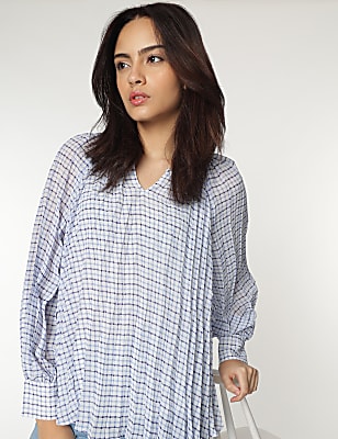 V-Neck Checked Blouse