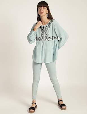 Pure Viscose Embroidery Keyhole Neck Blouse