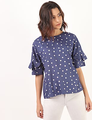 Pure Viscose Polka Dots Round Neck Top
