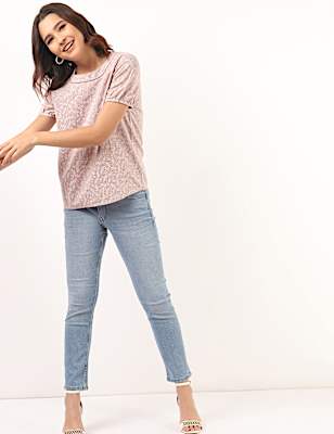 Flax Linen Mix Printed Round Neck Top