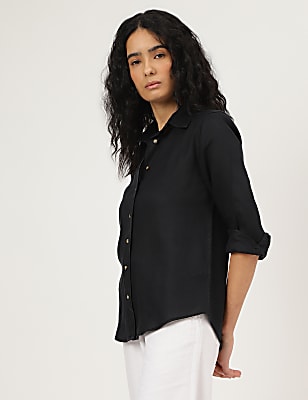 Pure Linen Plain Spread Collar Shirt