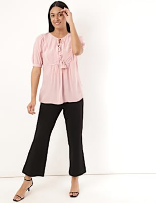 Pure Viscose Plain Tie-Up Neck Blouse