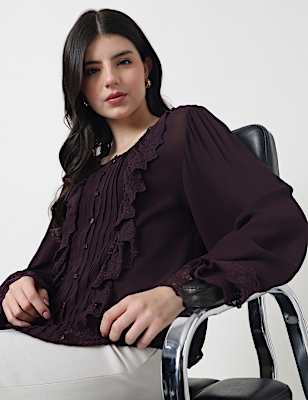 Pure Viscose Lace Round Neck Top