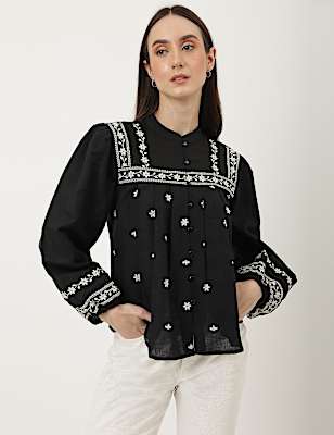 Linen Mix Embroidered Mandarin Collar Top