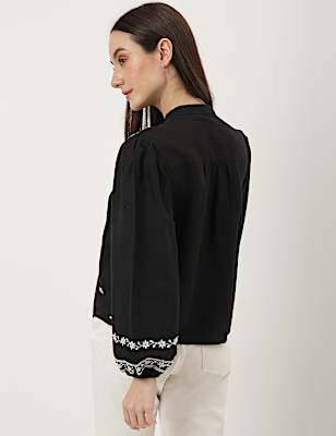 Linen Mix Embroidered Mandarin Collar Top