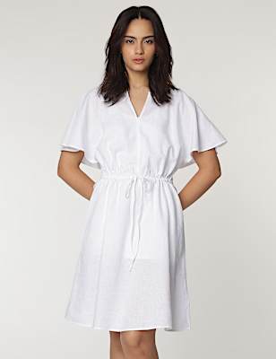 Linen Rich Slit Neck Kaftan Sleeves Dress