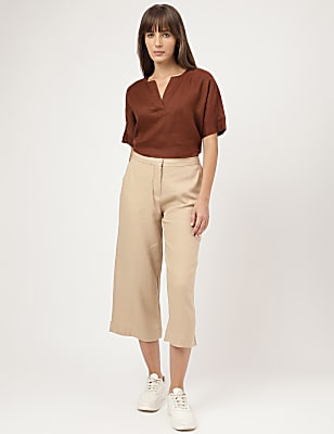 Pure Linen Plain Round Neck Blouse