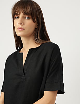 Pure Linen Plain Round Neck Blouse