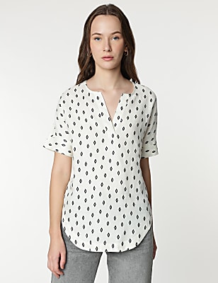 Pure Linen Geometric Print Half Sleeves Top