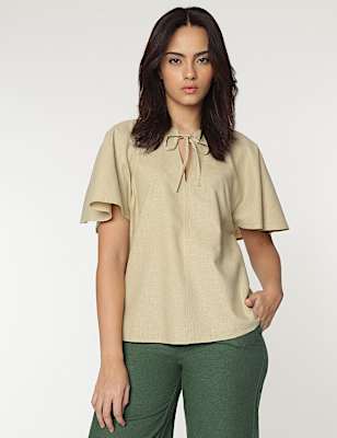 Linen Rich Flutter Sleeves Blouse