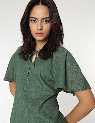 Linen Rich Flutter Sleeves Blouse