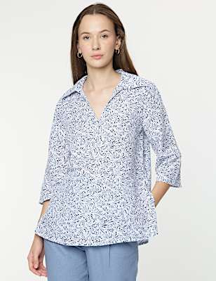 Linen Rich Swirl Printed 3/4 Sleeves Top