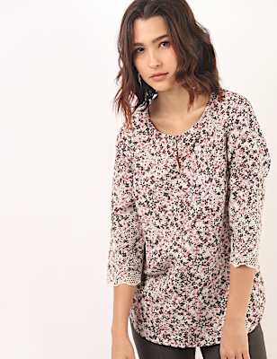 Linen Mix Floral Print Keyhole Neck Top