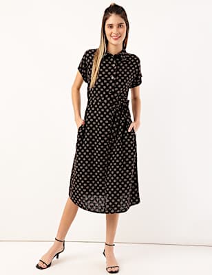 Linen Mix Printed Collar Neck Dress