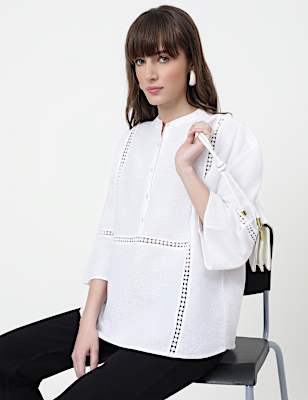 Linen Rich Embroidered Mandarin Collar Top