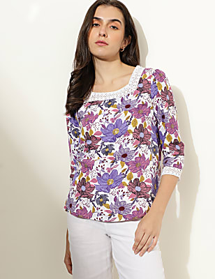 Linen Blend Floral Print Square Neck Top