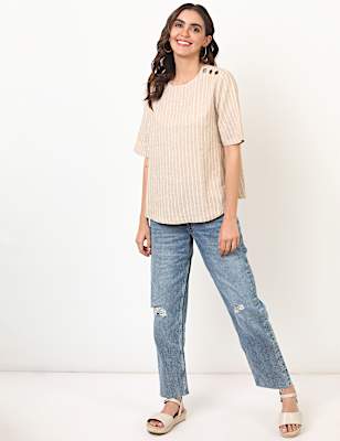 Flax Mix Stripes Round Neck Top