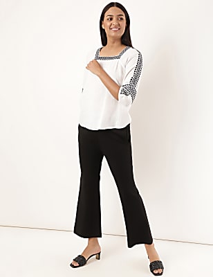Linen Mix Embroidery Square Neck Blouse