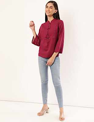 Linen Mix Plain Tie-Up Neck Top