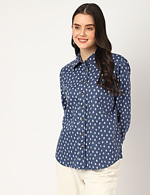 Pure Linen Floral Spread Collar Shirt