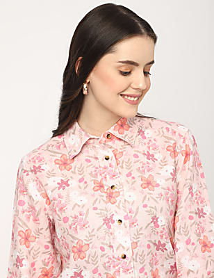 Pure Linen Floral Spread Collar Shirt