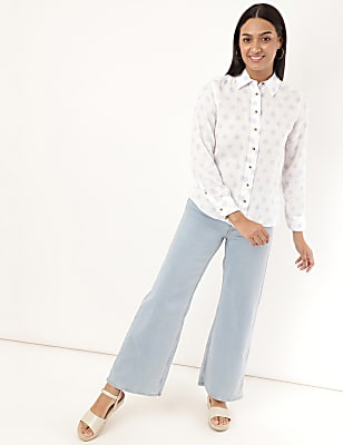 Pure Linen Polka Dot Spread Collar Shirt