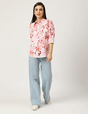 Pure Linen Floral Print Spread Collar Shirt