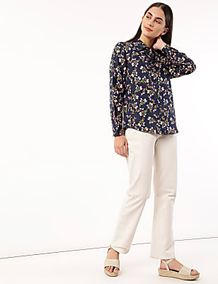 Pure Linen Floral Print Spread Collar Shirt