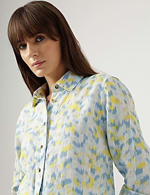 Pure Linen Ikat Print Spread Collar Shirt