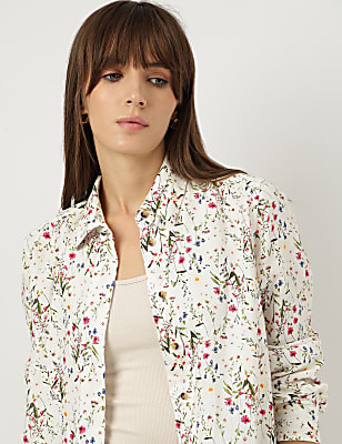 Pure Linen Floral Print Spread Collar Shirt