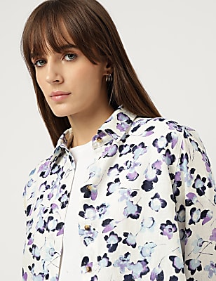 Pure Linen Floral Print Spread Collar Shirt
