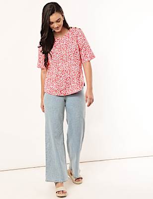 Pure Flax Floral Print Round Neck Top