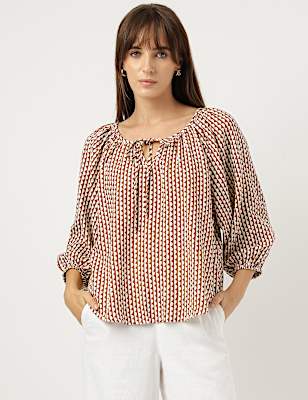 Linen Rich Geometric Print Tie-Ups Neck Top