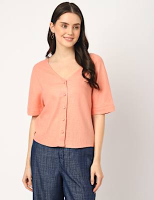 Linen Mix Plain V-Neck Top