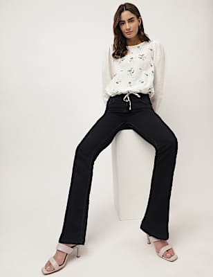 Flax Mix Embroidered Boat Neck Tops