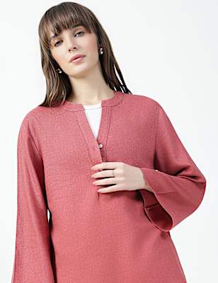 Linen Rich Plain Mandarin Collar Top