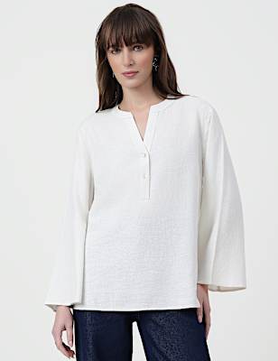 Linen Rich Plain Mandarin Collar Top
