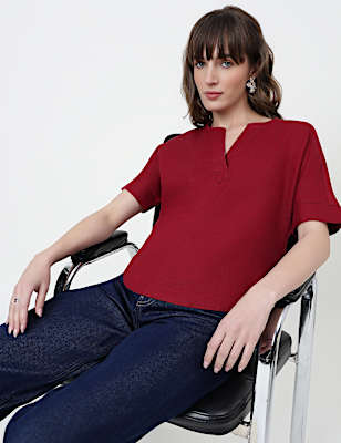 Pure Linen Plain V-Neck Top