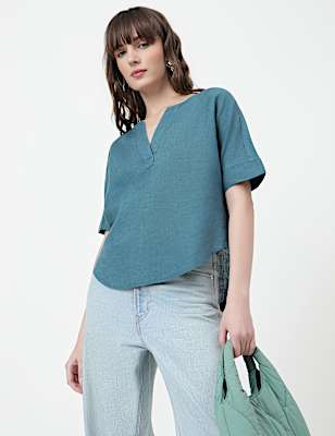 Pure Linen Plain V-Neck Top