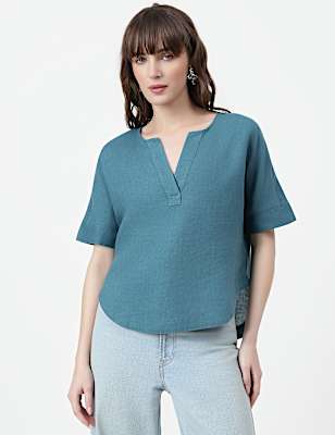 Pure Linen Plain V-Neck Top