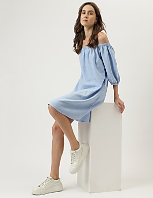 Linen Mix Off-Shoulder A-Line Dress