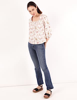 Linen Mix Printed Square Neck Shirt