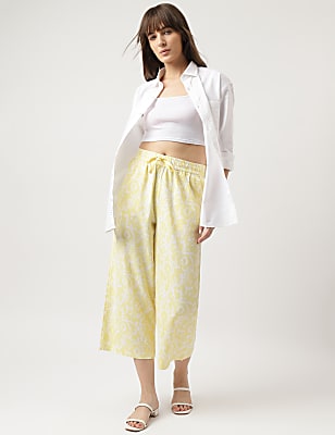 Linen Blend Printed Wide Cropped Pants
