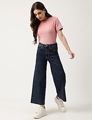 Cotton Mix Plain Wide Leg Jeans