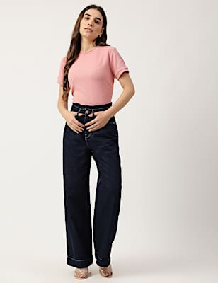 Cotton Mix Plain Wide Leg Jeans
