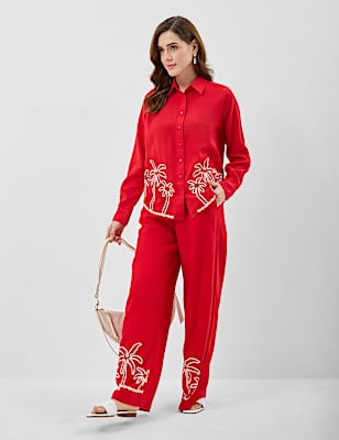 Linen Rich Embroidered Wide Leg Trousers
