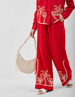 Linen Rich Embroidered Wide Leg Trousers